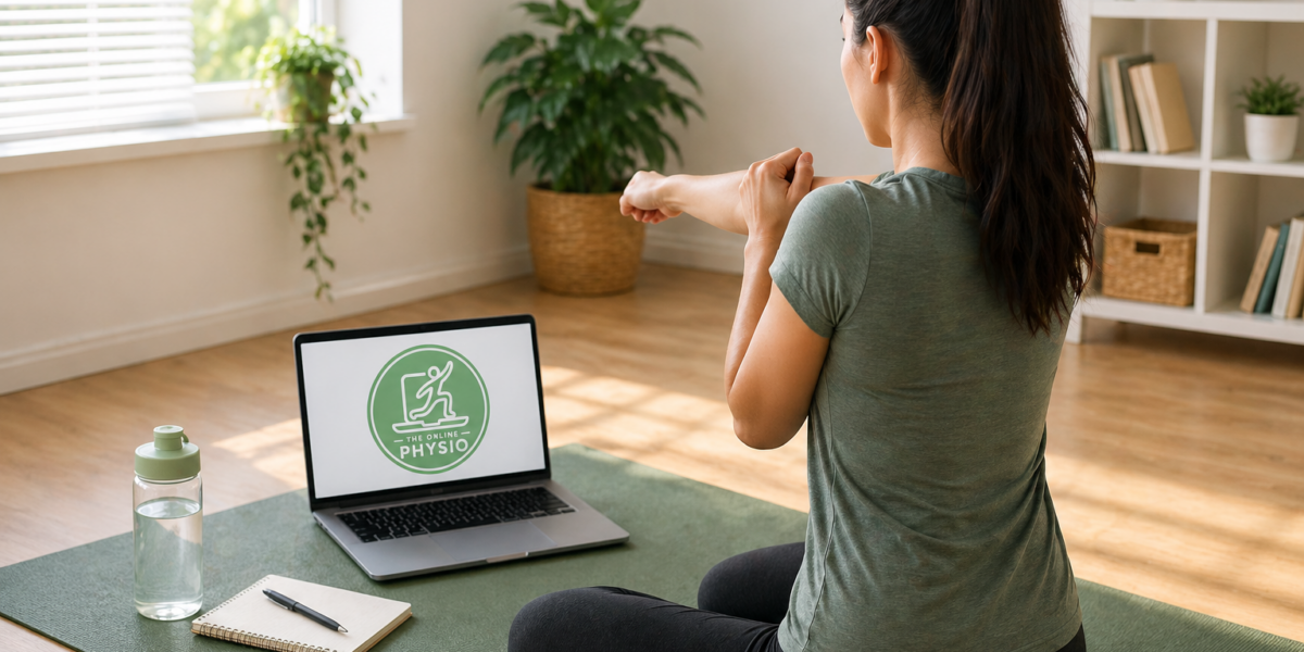 Woman performing guided physiotherapy exercises at home during an online consultation