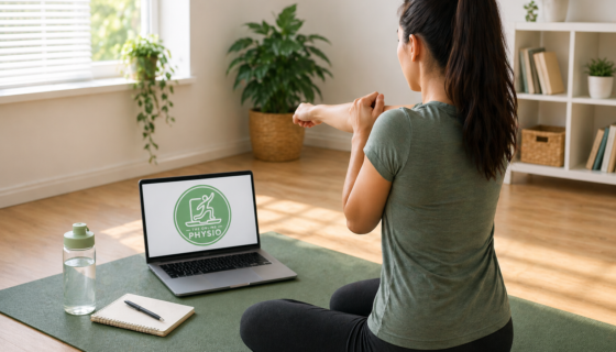 Woman performing guided physiotherapy exercises at home during an online consultation