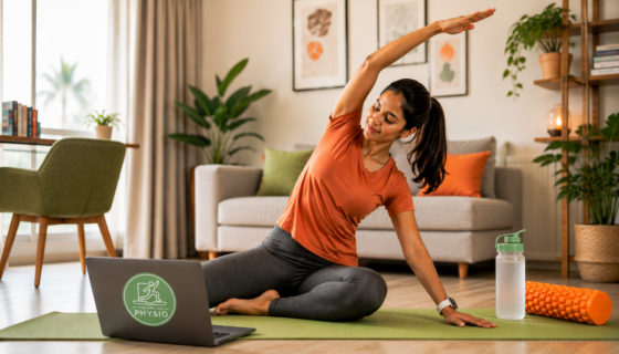 Indian woman performing online physiotherapy exercises at home using laptop for digital physical therapy consultation
