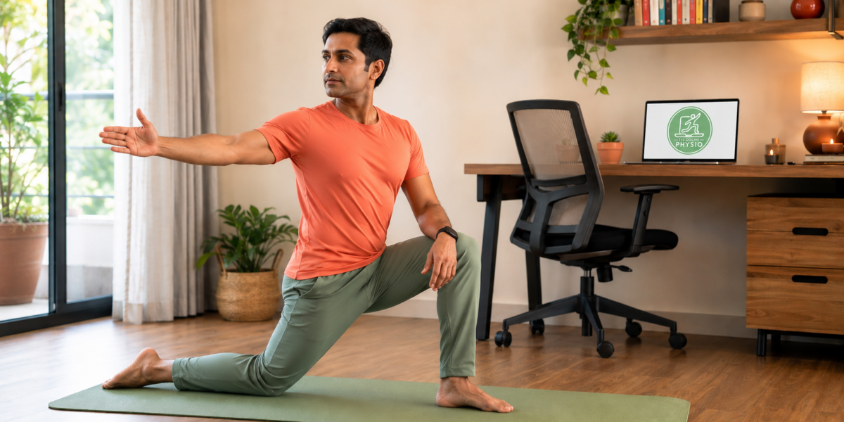 Indian man performing evidence-based physical rehabilitation thoracic rotation mobility exercise beside a modern home workspace during an online physiotherapy session.