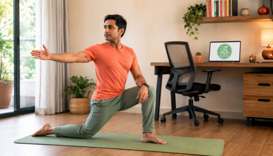 Indian man performing evidence-based physical rehabilitation thoracic rotation mobility exercise beside a modern home workspace during an online physiotherapy session.