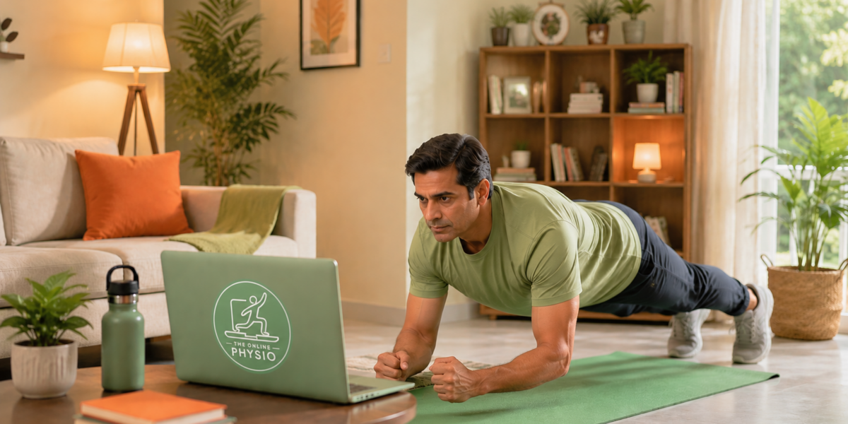Indian man performing plank exercise at home during online physiotherapy session for Knee Osteoarthritis management