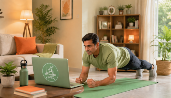 Indian man performing plank exercise at home during online physiotherapy session for Knee Osteoarthritis management