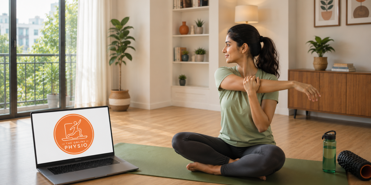 Evolution of Physiotherapy: Indian woman performing guided home stretching session with online physiotherapy consultation on laptop in a modern wellness-focused living room.