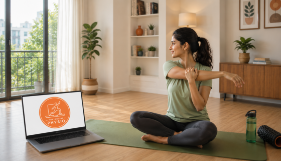 Evolution of Physiotherapy: Indian woman performing guided home stretching session with online physiotherapy consultation on laptop in a modern wellness-focused living room.