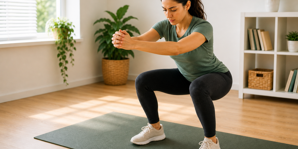 Woman performing a controlled squat exercise at home for knee rehabilitation