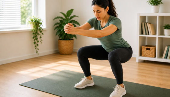 Woman performing a controlled squat exercise at home for knee rehabilitation