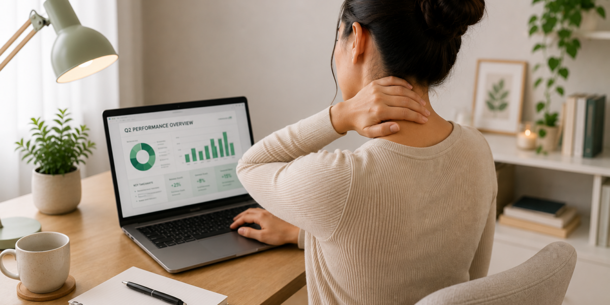 Woman experiencing neck pain while working on a laptop in a home office, demonstrating posture-related strain and need for physiotherapy