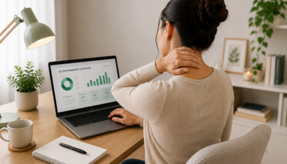Woman experiencing neck pain while working on a laptop in a home office, demonstrating posture-related strain and need for physiotherapy