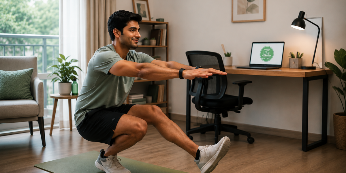 Indian man performing a pistol squat at home during an online physiotherapy session focused on posture, mobility, and chronic pain prevention.