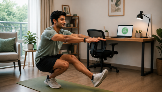 Indian man performing a pistol squat at home during an online physiotherapy session focused on posture, mobility, and chronic pain prevention.