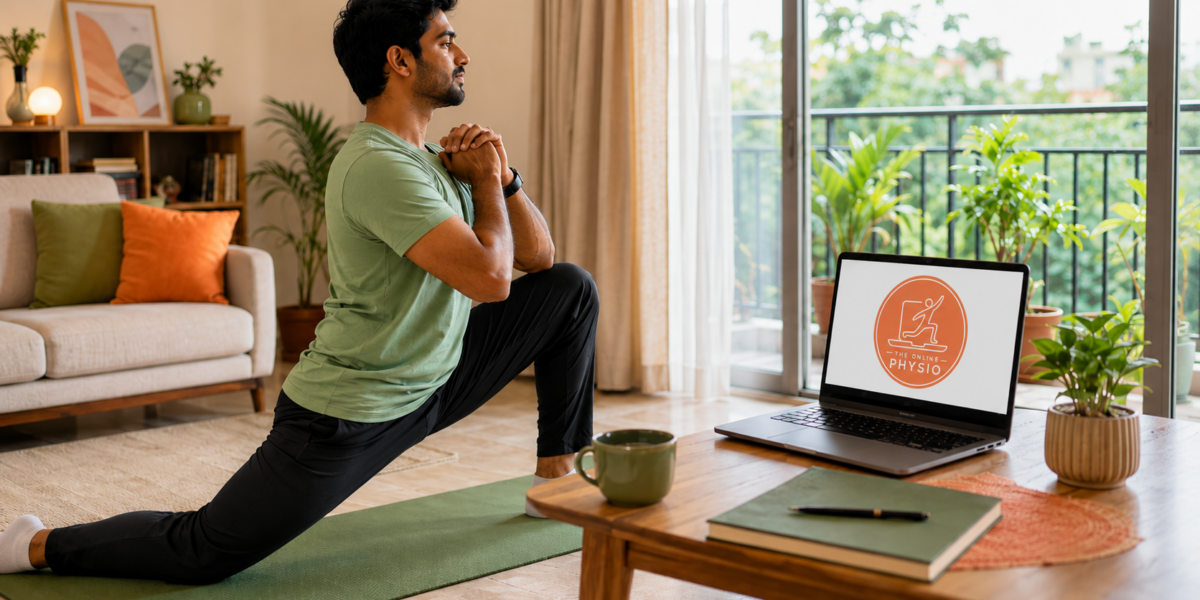 Indian man performing a guided home mobility exercise during an online physiotherapy session for obesity prevention and healthy lifestyle management in a modern apartment.