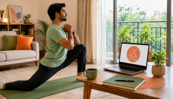 Indian man performing a guided home mobility exercise during an online physiotherapy session for obesity prevention and healthy lifestyle management in a modern apartment.
