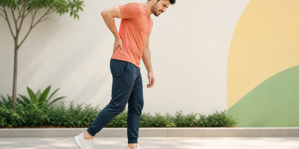 Young adult with a limping gait due to sciatica walking with lower back discomfort
