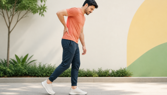 Young adult with a limping gait due to sciatica walking with lower back discomfort
